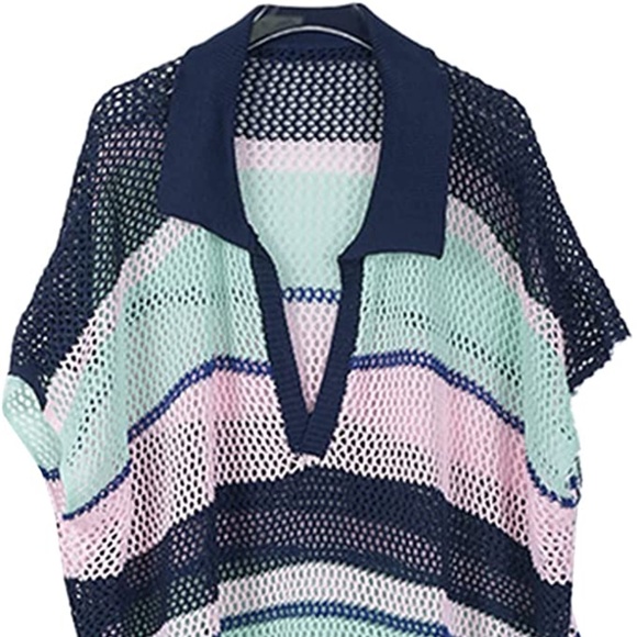 Fun Collared Open Crochet  Coverup Stripe Tunic OSFM - Picture 4 of 7